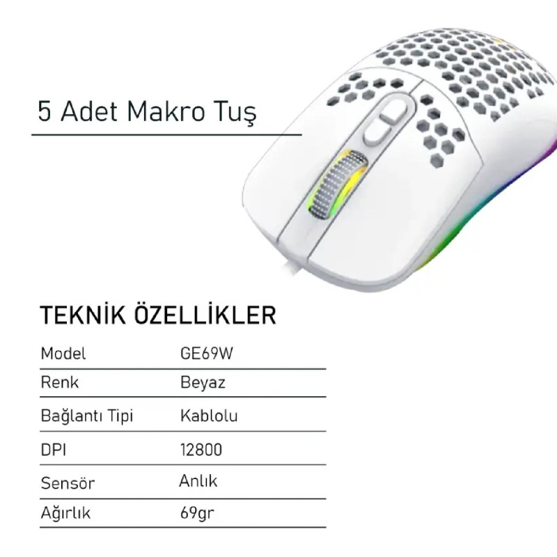 GAMEAGLE GE69W KABLOLU MOUSE (BEYAZ)	