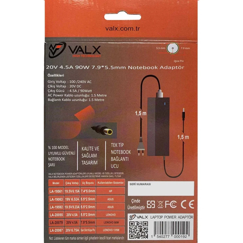 VALX LA-20079 20V 90W 4.5A (7.9X5.5MM)  NOTEBOOK GÜÇ ADAPTÖRÜ 