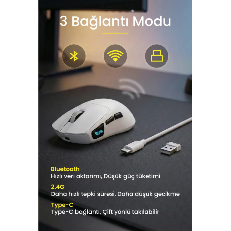 Gameagle Prox-59 Kablosuz + Bluetooth + 2.4G + Kablolu Ultra Hafif 59gr 12800DPI Oyuncu Mouse