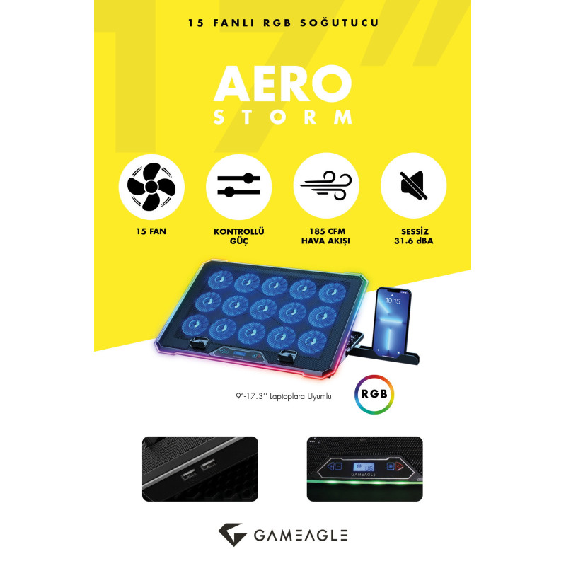 Gameagle Aero Storm V15 RGB 15 Fanlı 10 RGB Modlu 9-17.3'' Notebook Soğutucu Stand Laptop Soğutucu