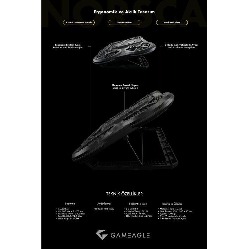 Gameagle Norsca S6 RGB 6 Fanlı 10 RGB Modlu  9-17’’ Notebook Soğutucu Stand Laptop Soğutucu