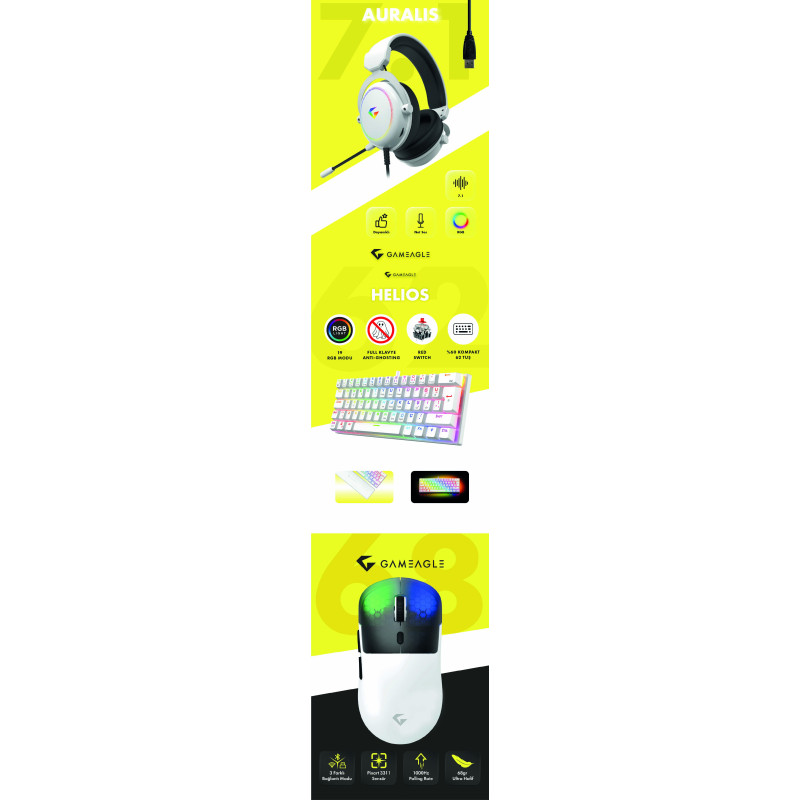 Gameagle Neon X + Auralis Beyaz + Helios Beyaz 3'lü Bundle Oyuncu Seti