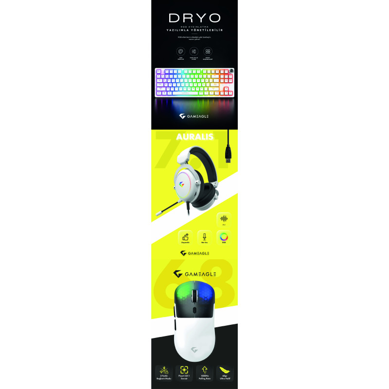 Gameagle Neon X + Auralis Beyaz + Dryo Beyaz 3'lü Bundle Oyuncu Seti