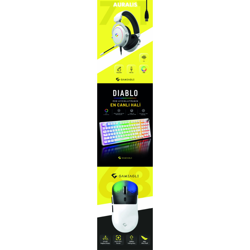 Gameagle Neon X + Auralis Beyaz + Diablo Beyaz 3'lü Bundle Oyuncu Seti
